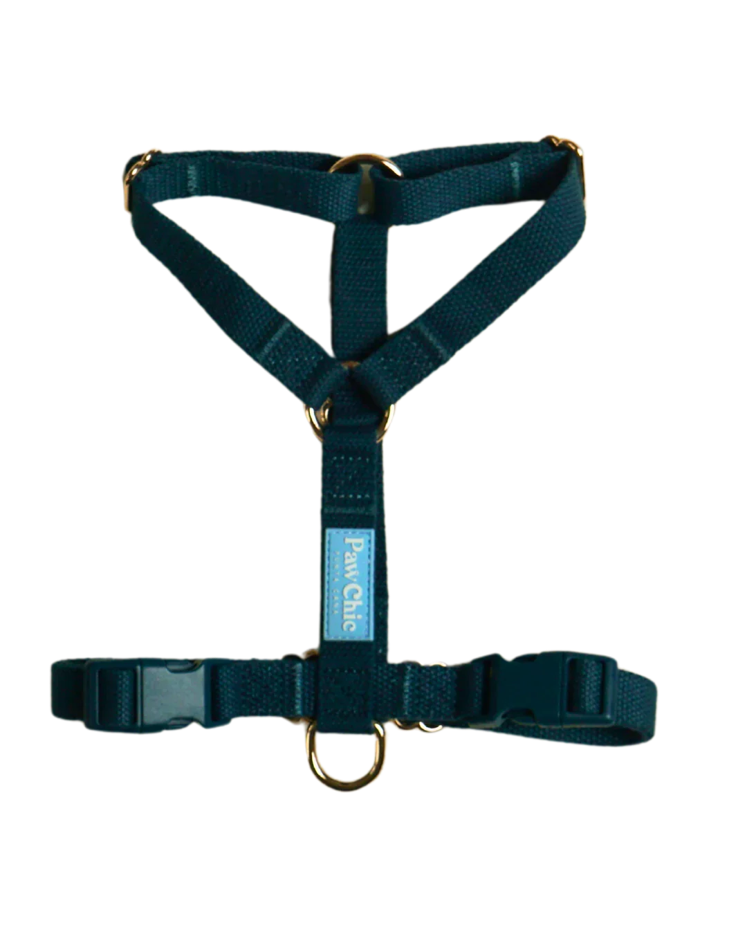 Adjustable black dog harness with gold metal rings for pets