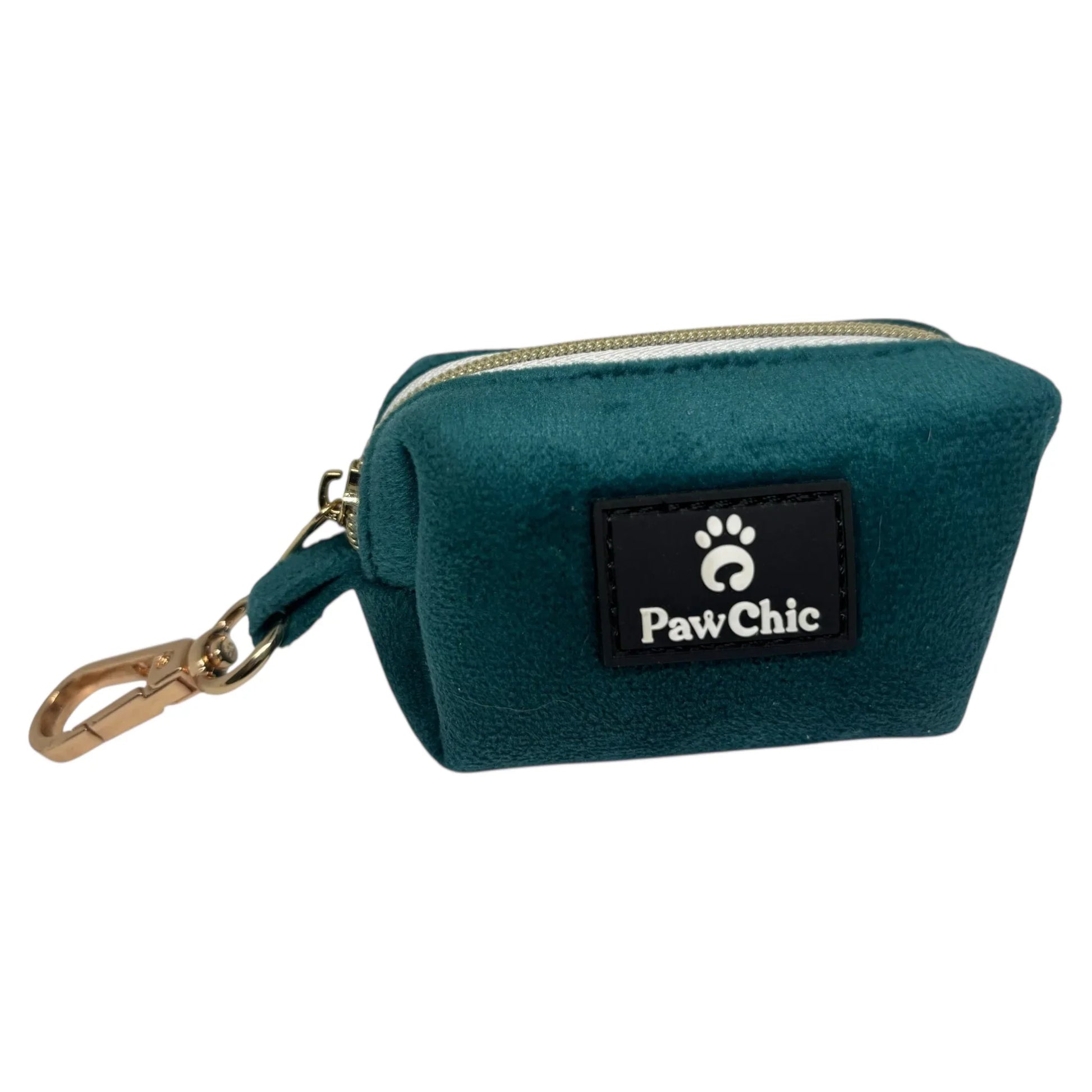 Teal velvet dog waste bag holder with gold zipper and clip, PawChic logo patch
