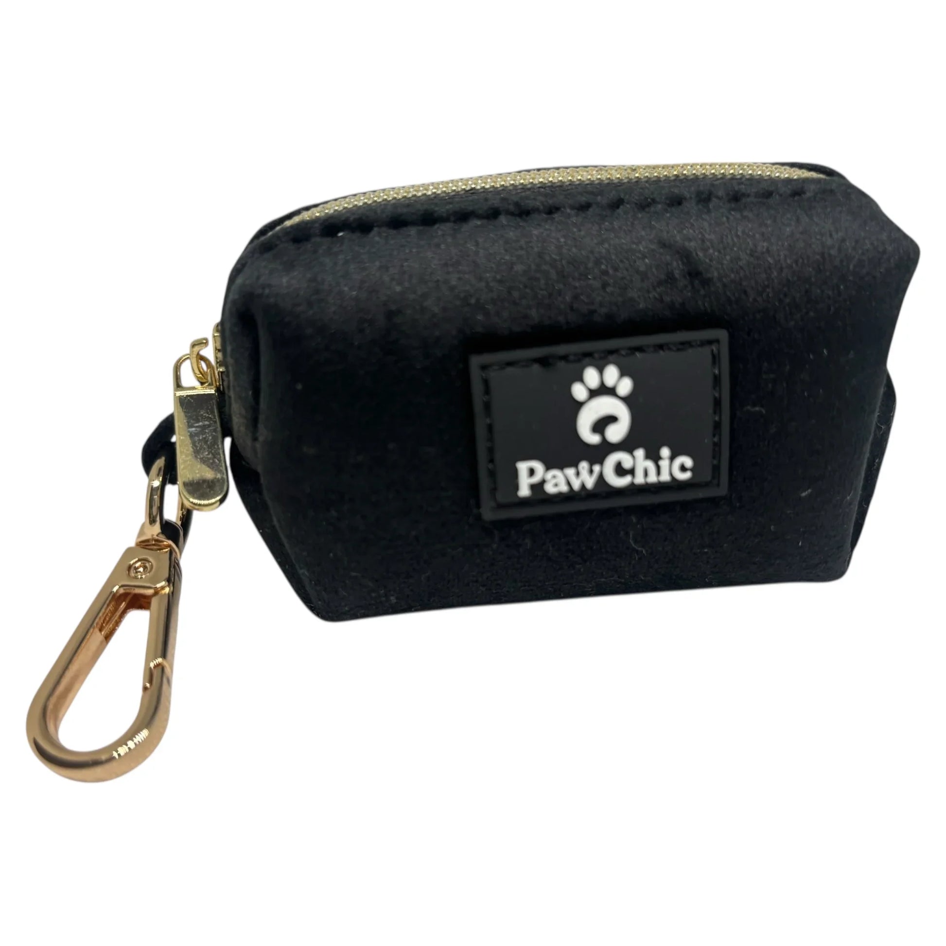 Black dog waste bag holder pouch with zipper and gold clip, PawChic logo visible