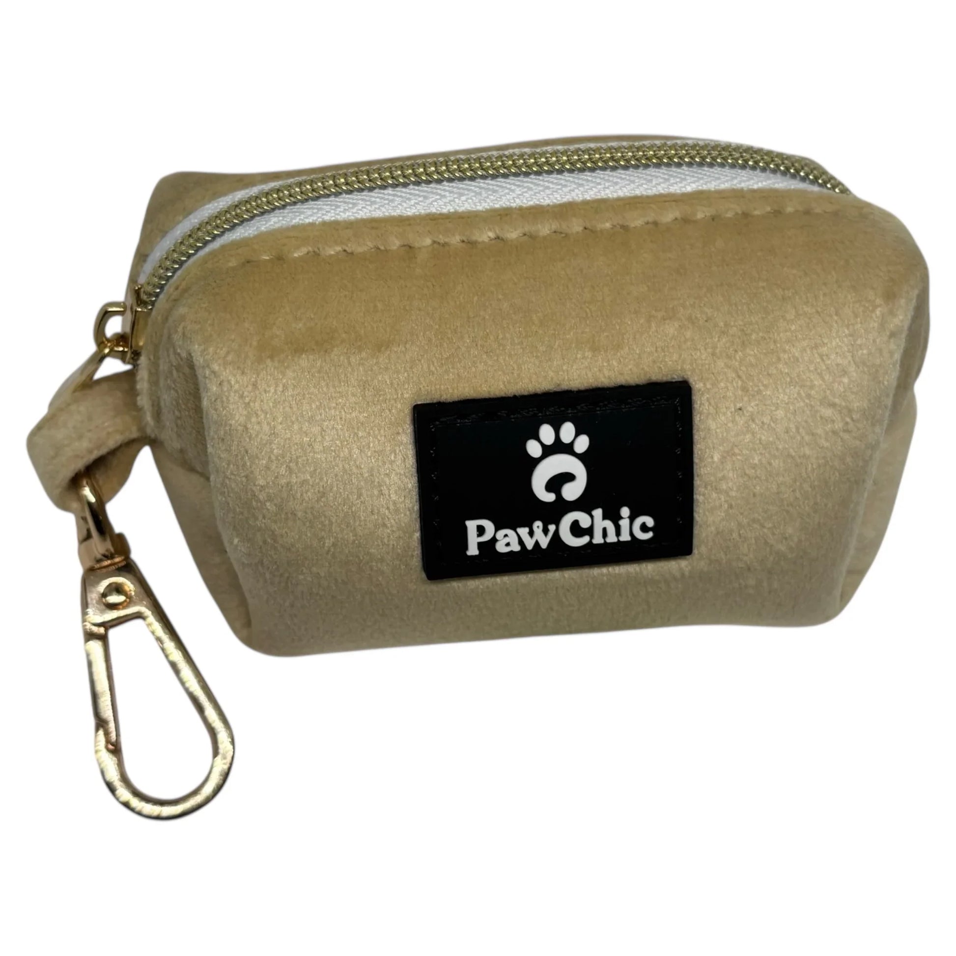 Beige dog waste bag holder with zipper, metal clip, and PawChic label for pet accessories.