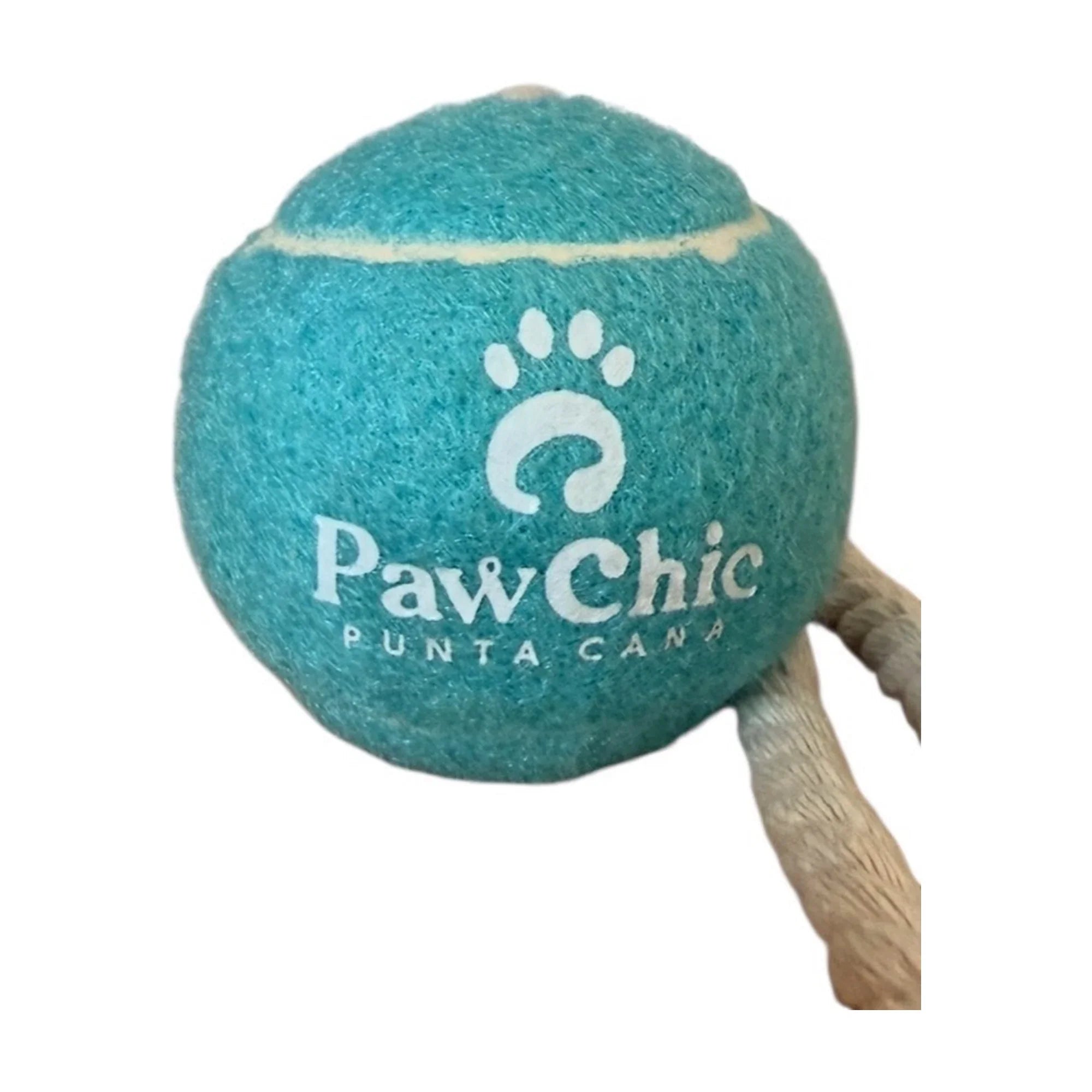 Blue dog tennis ball toy with white PawChic Punta Cana logo and attached rope handle