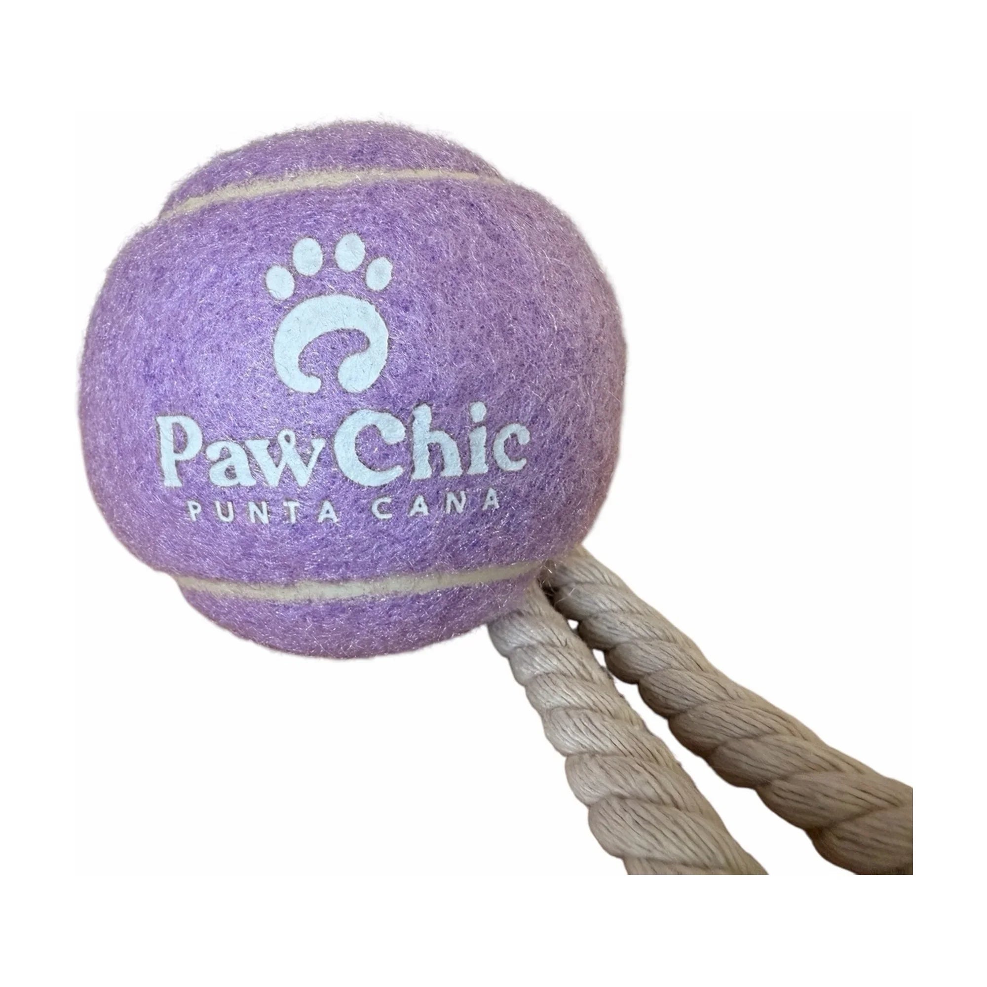 Purple dog tennis ball toy with white rope handle and paw print graphic