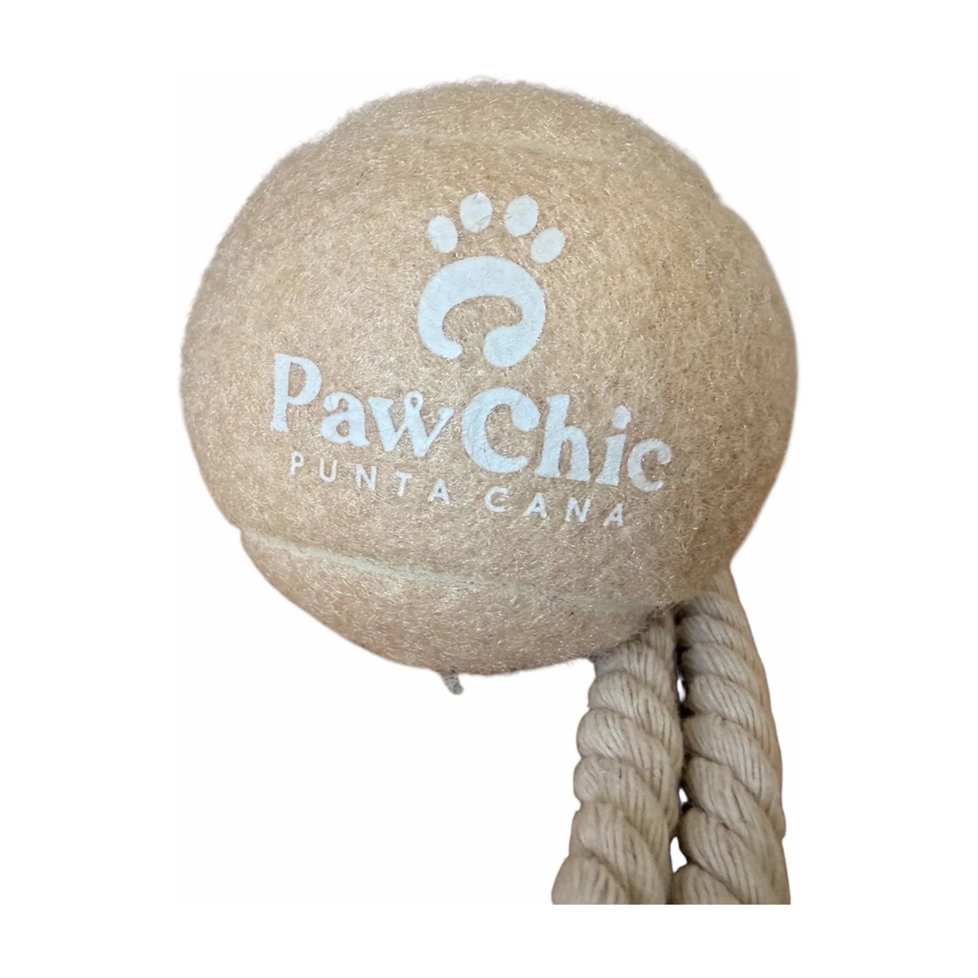Beige tennis ball dog toy with rope handle and PawChic Punta Cana logo