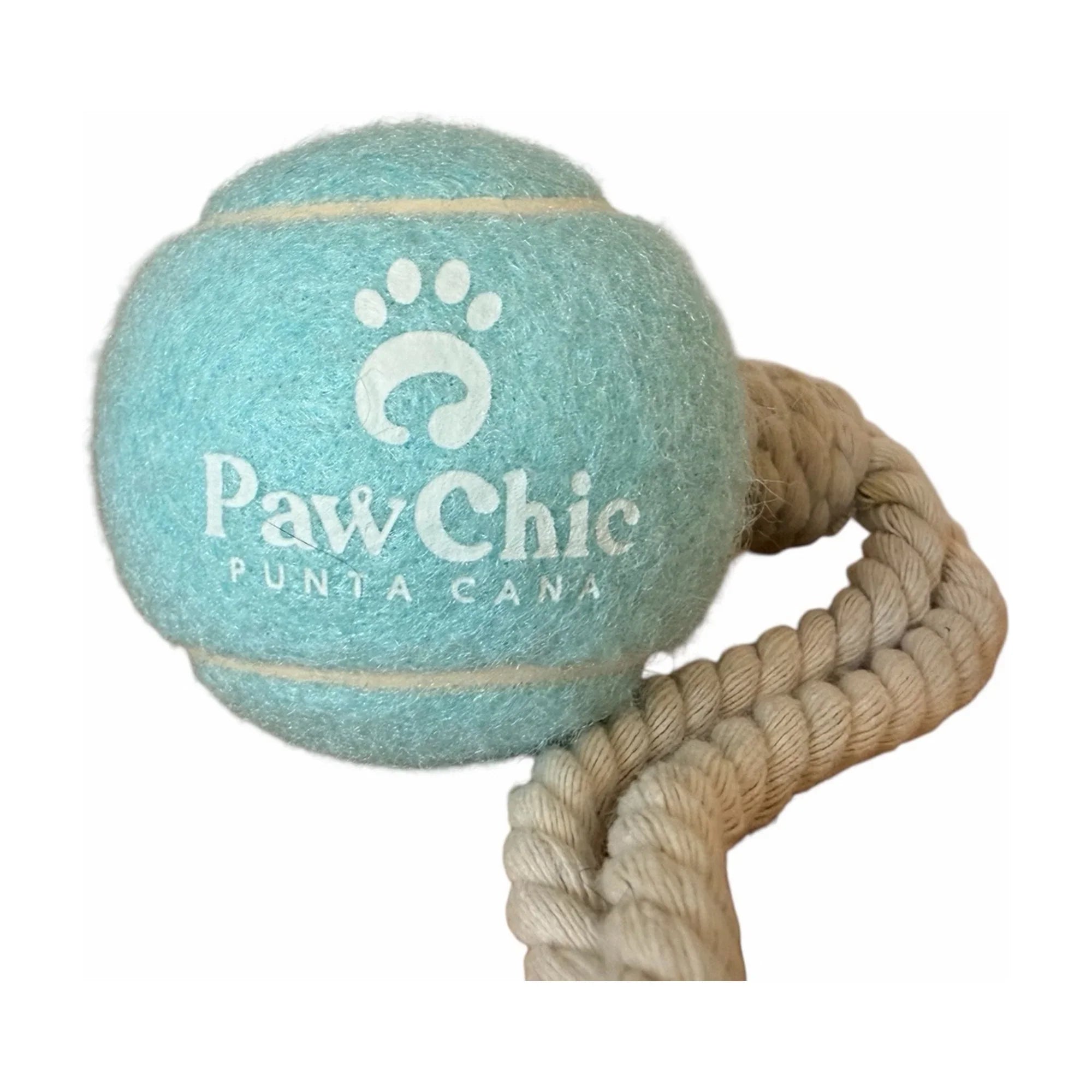 Blue tennis ball dog toy with white rope attached, stylish pet accessory